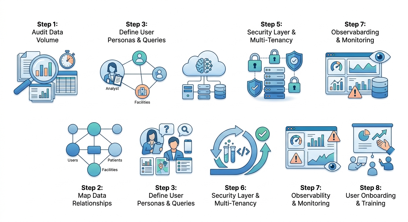 A linear 8-step workflow diagram starting from data auditing and relationship mapping, moving through infrastructure setup and security layer building, and ending with iterative testing and user onboarding.
